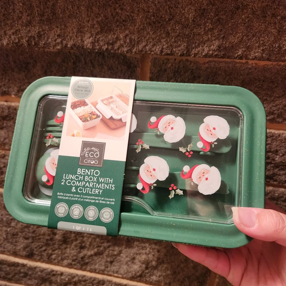 Christmas Santa Claus Bento lunchbox 2 compartments cutlery NEW